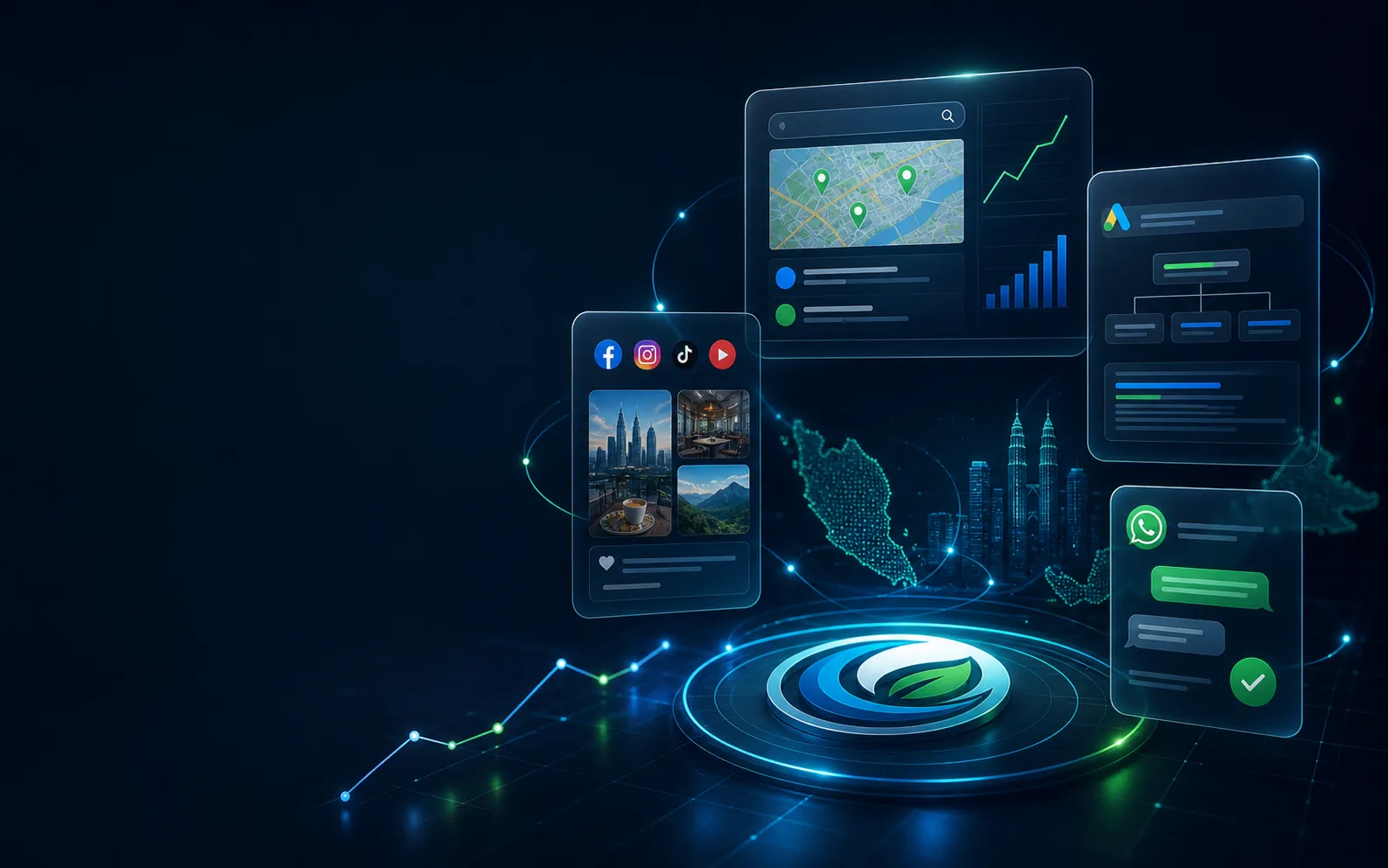 Digital marketing command center with local search, ads, social media and lead enquiry visuals